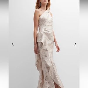 Teri Jon Jacquard One Shoulder Side Ruffle Gown